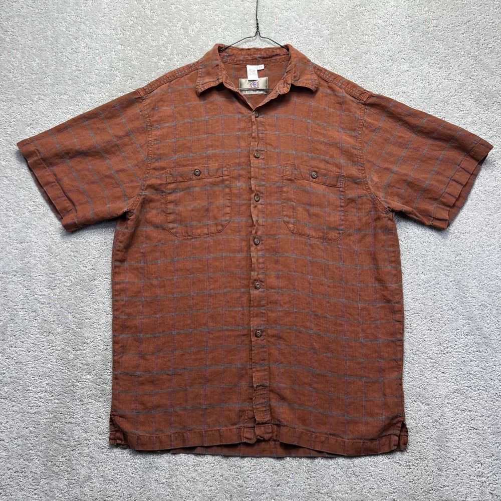 The Territory Ahead Shirt Mens LT Terracotta Linen Silk Blend Plaid Short Sleeve
